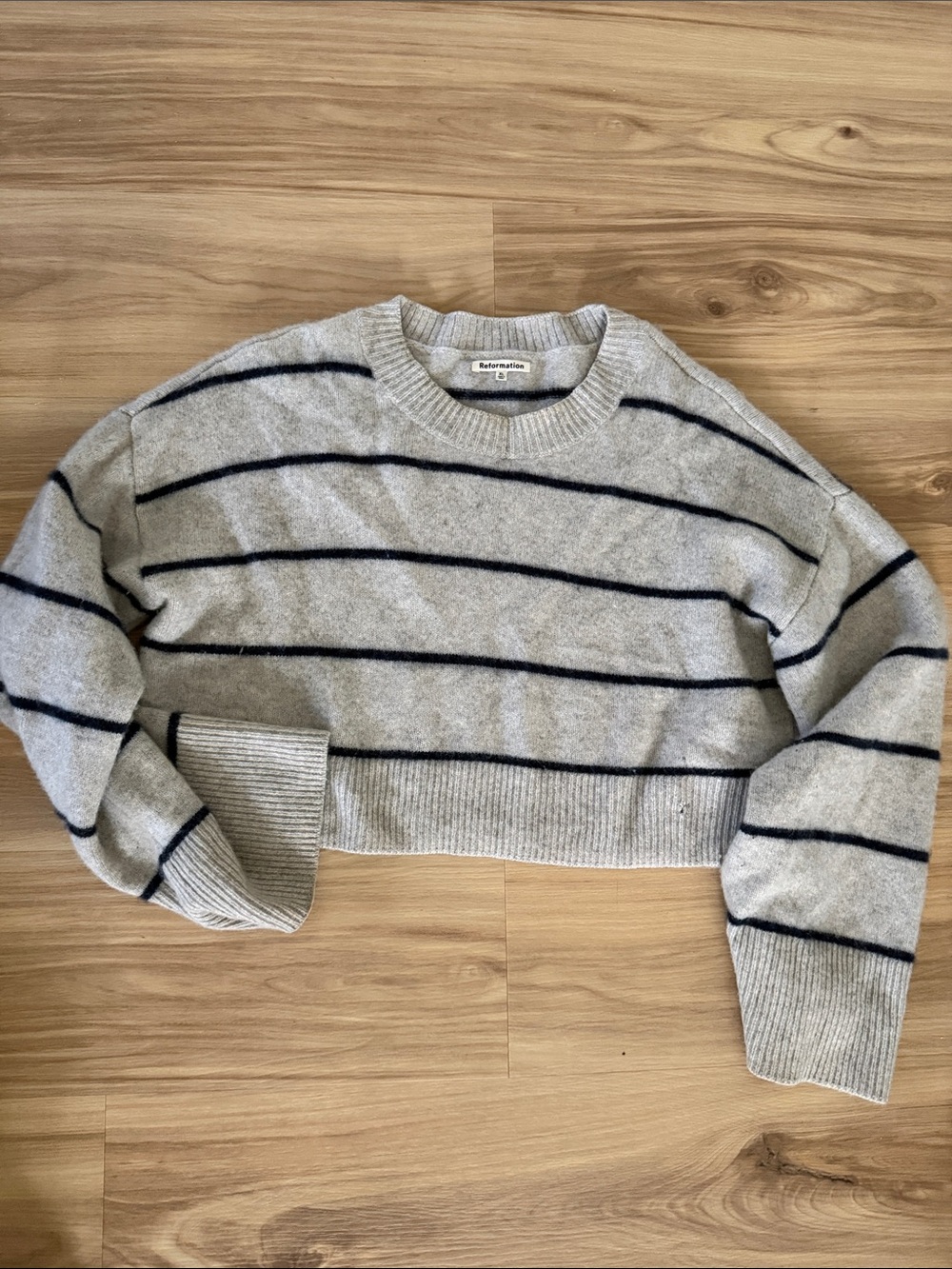 Reformation Gray and Navy Cropped Striped Crewneck Sweater